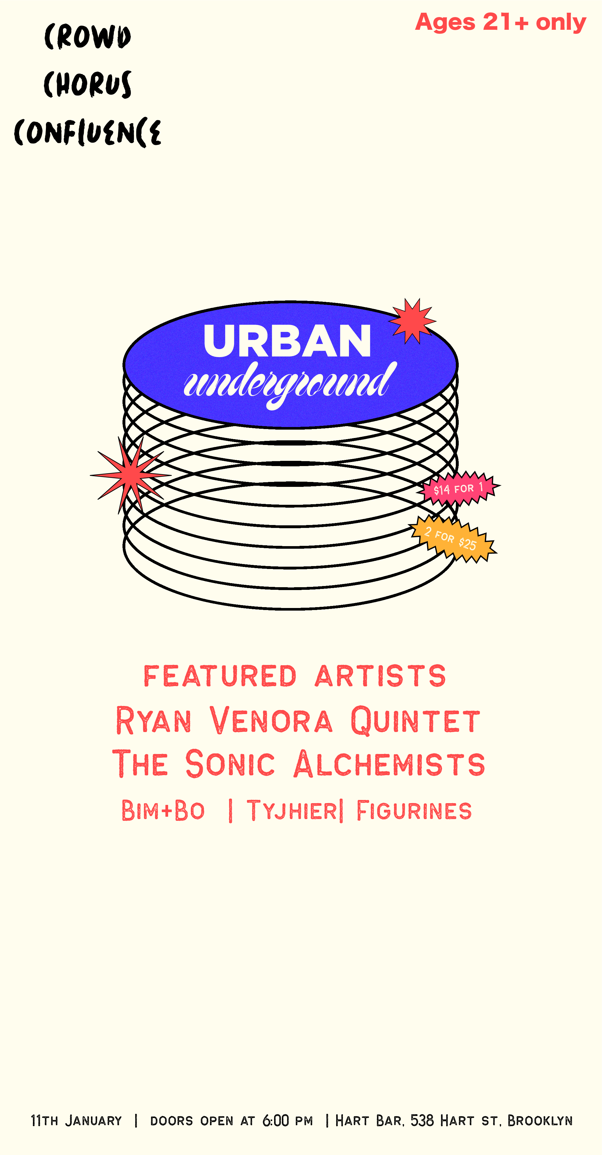 Urban Underground event poster - music event featuring five bands on January 11th at Hart Bar in Brooklyn