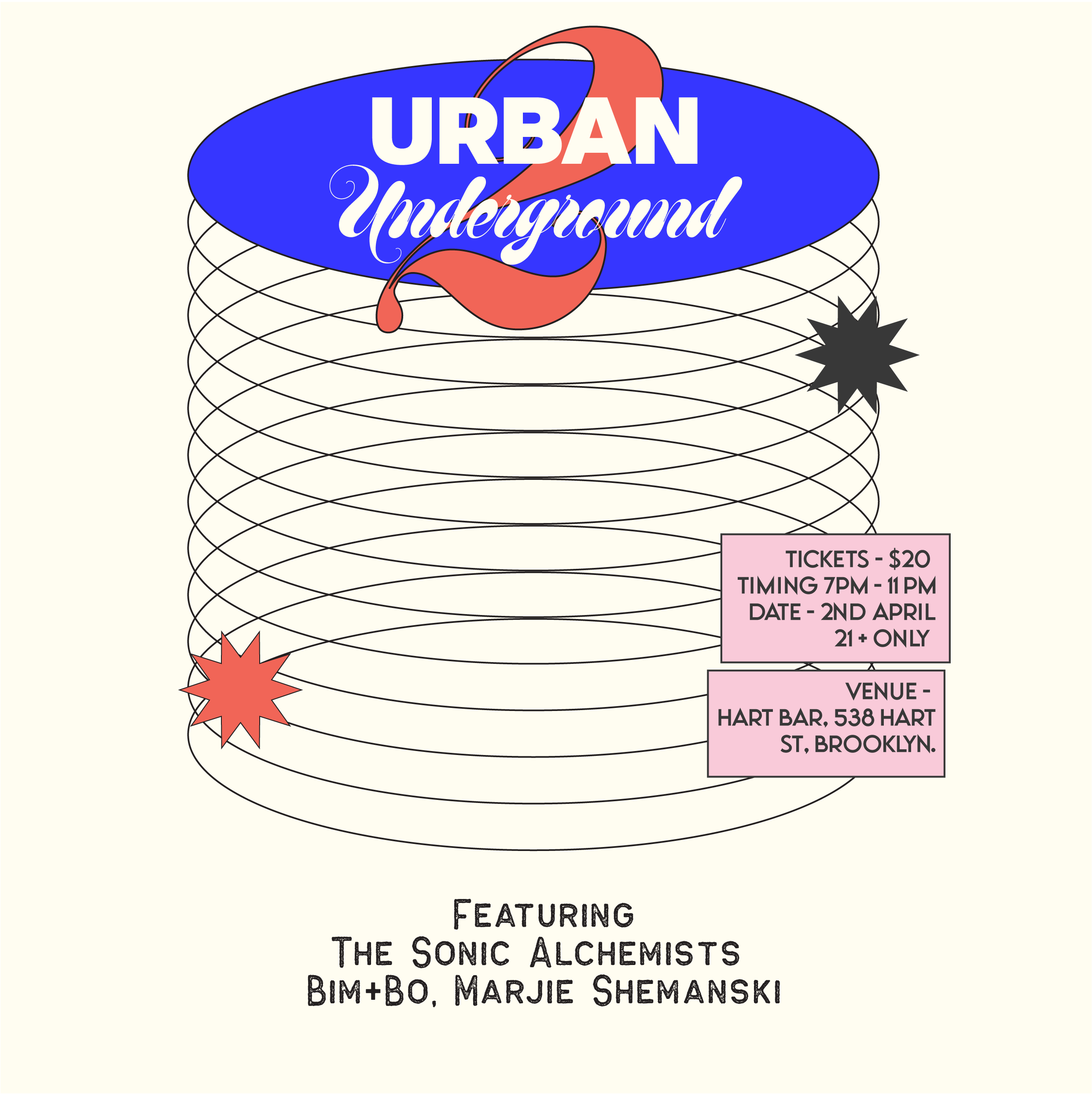 Urban Underground poster for an event at Hart Bar in Brooklyn featuring The Sonic Alchemists, bim+bo, and Marjie Shemanski.