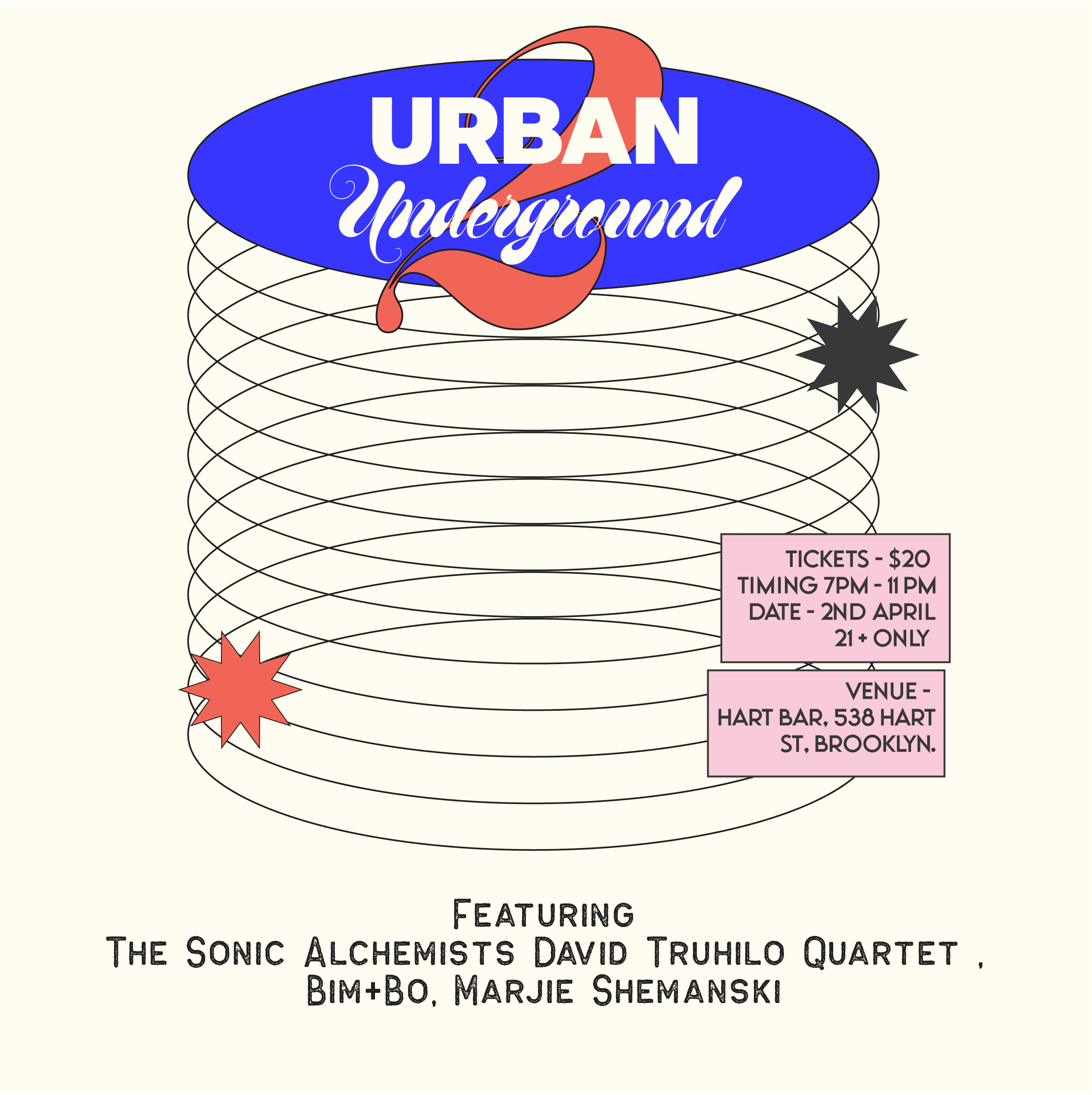 Urban Underground poster with a cream background, blue oval logo, event details for April 2 at Hart Bar in Brooklyn, and featured artists including The Sonic Alchemists, David Truhillo Quartet, bim+bo, and Marjie Shemanski.